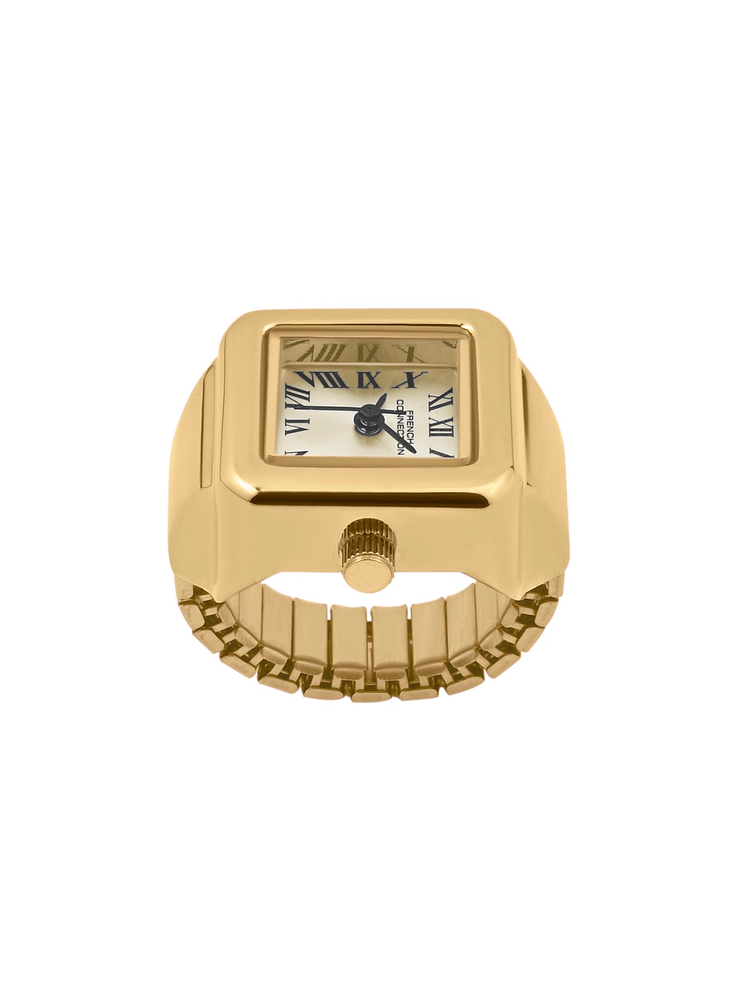 French Connection Women's Sunray Gold Dial Analog Ring Watch FCR03GM | Square Gold-Tone Ring Case