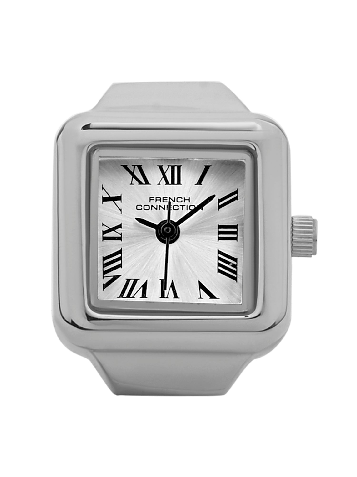 French Connection Women's Sunray Silver Dial Analog Ring Watch FCR03SM | Square Silver-Tone Ring Case