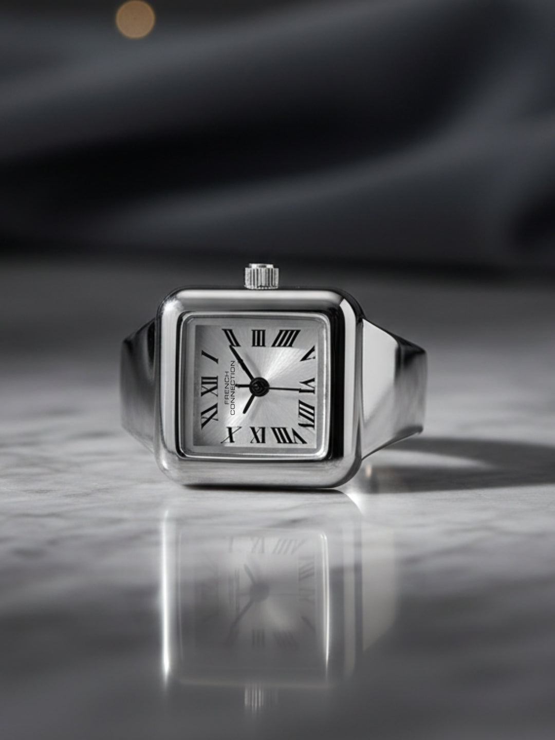 French Connection Women's Sunray Silver Dial Analog Ring Watch FCR03SM | Square Silver-Tone Ring Case