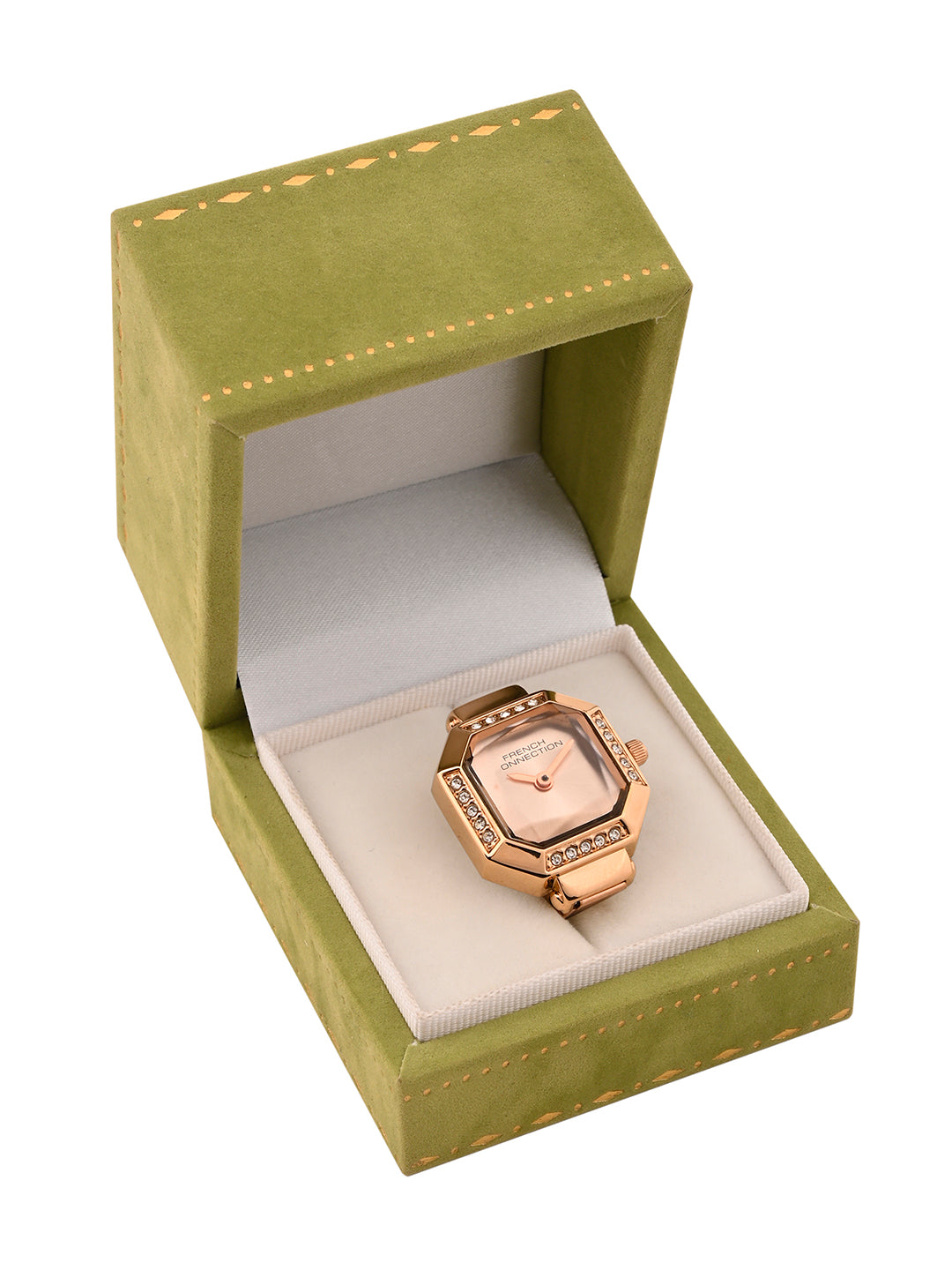 French Connection Women's Sunray Rose Gold Dial Analog Ring Watch FCR01RGM