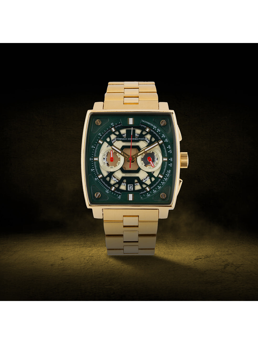 French connection Quadra Lux Green Tonneau Dial Mens Chronograph Watch FCT1GM