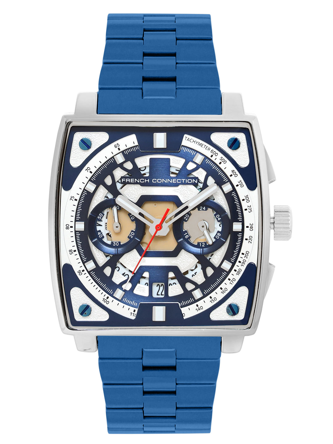 French connection Quadra Lux Silver Blue Tonneau Dial Mens Chronograph Watch FCT1UM-S