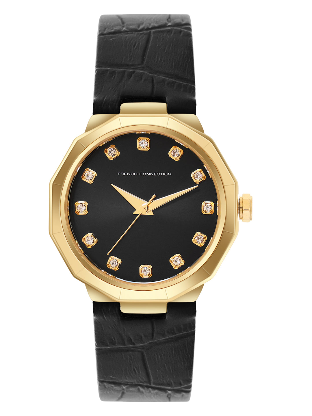 French Connection Sunray Black Round Dial With Black Leather Strap Watch - For Womens FCT2BL