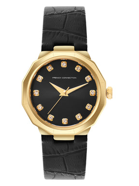 French Connection Sunray Black Round Dial With Black Leather Strap Watch - For Womens FCT2BL
