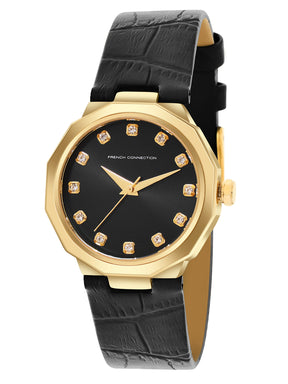 French Connection Sunray Black Round Dial With Black Leather Strap Watch - For Womens FCT2BL