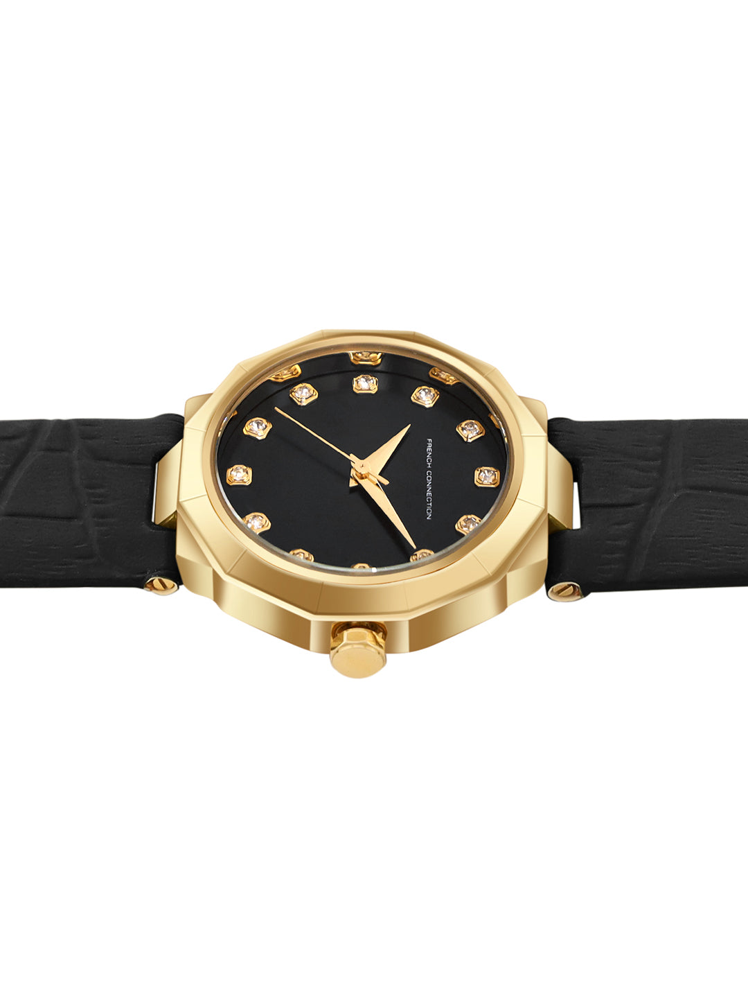 French Connection Sunray Black Round Dial With Black Leather Strap Watch - For Womens FCT2BL