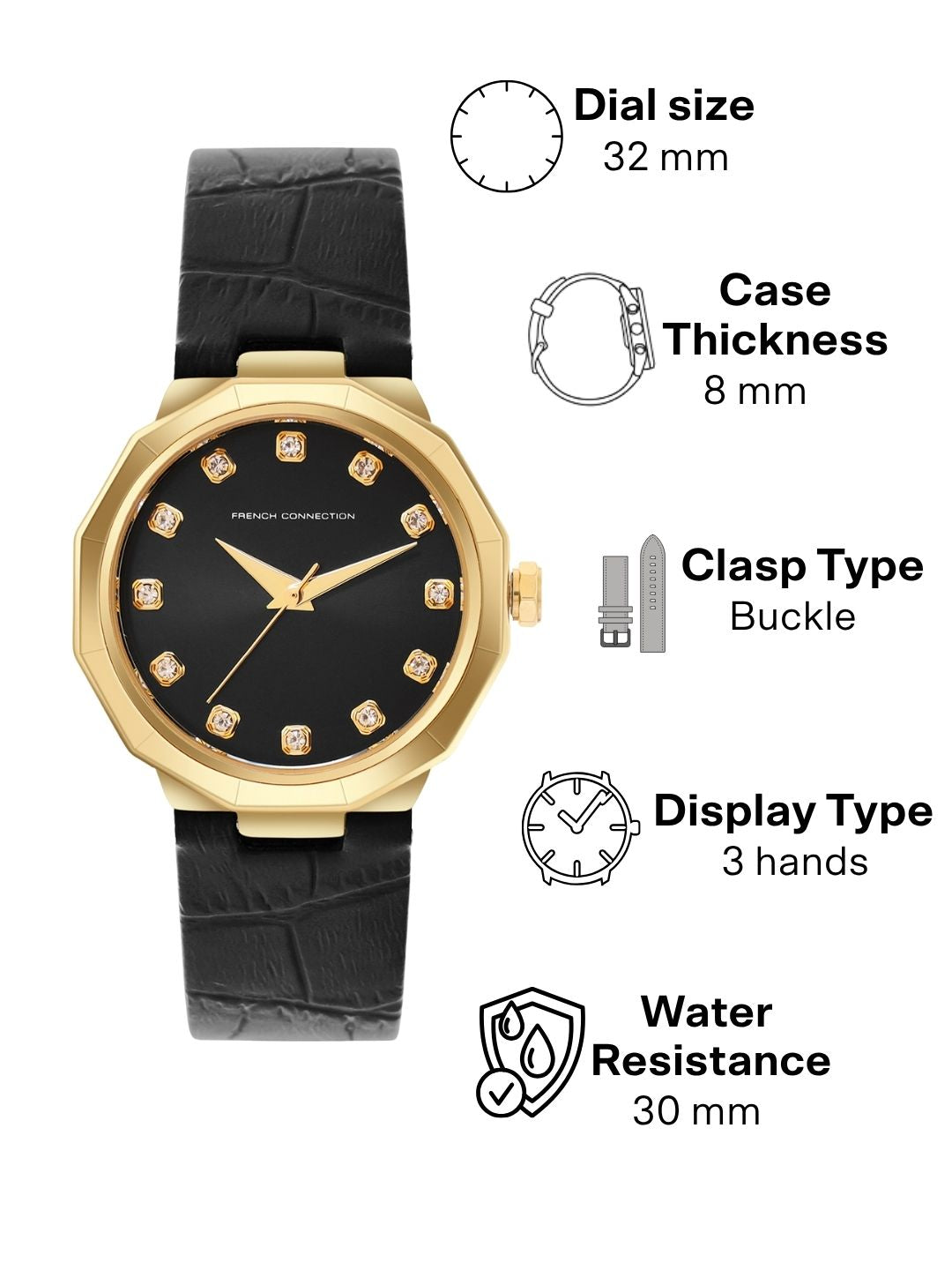 French Connection Sunray Black Round Dial With Black Leather Strap Watch - For Womens FCT2BL