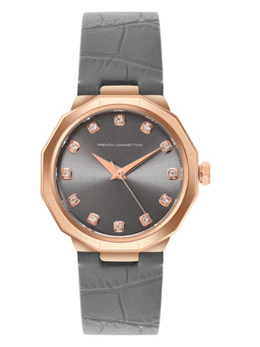 French Connection Sunray Grey Round Dial With Warm Grey Leather Strap Watch - For Womens FCT2GRL