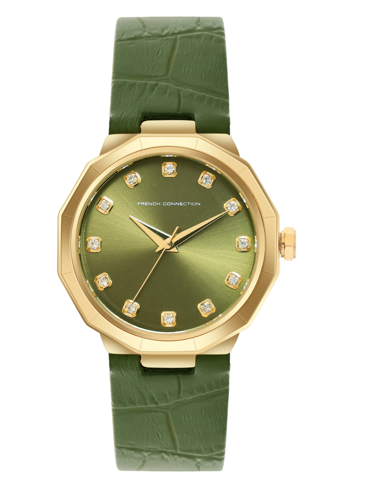 French Connection Sunray Green Round Dial With Green Leather Strap Watch - For Womens FCT2NL