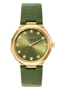 French Connection Sunray Green Round Dial With Green Leather Strap Watch - For Womens FCT2NL