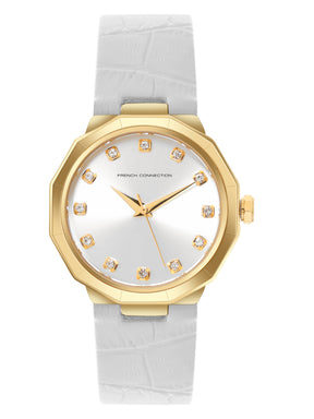 French Connection Sunray Silver Round Dial With White Leather Strap Watch - For Womens FCT2WL