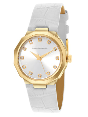 French Connection Sunray Silver Round Dial With White Leather Strap Watch - For Womens FCT2WL