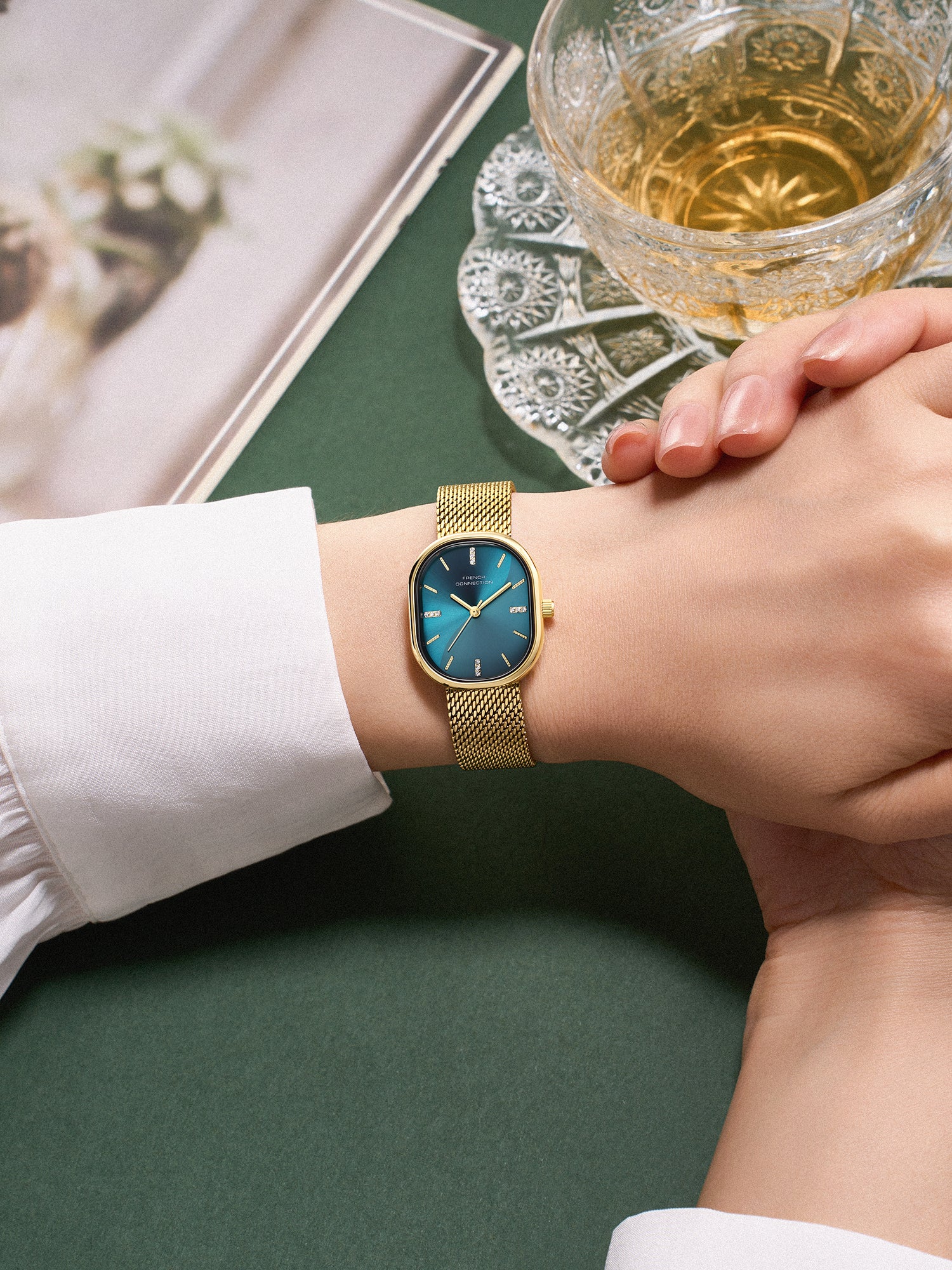 French Connection Éclora | Analog Display | Blue Sunray Dial | Gold Stainless Steel Strap | Watch for Women - FCU13NGM