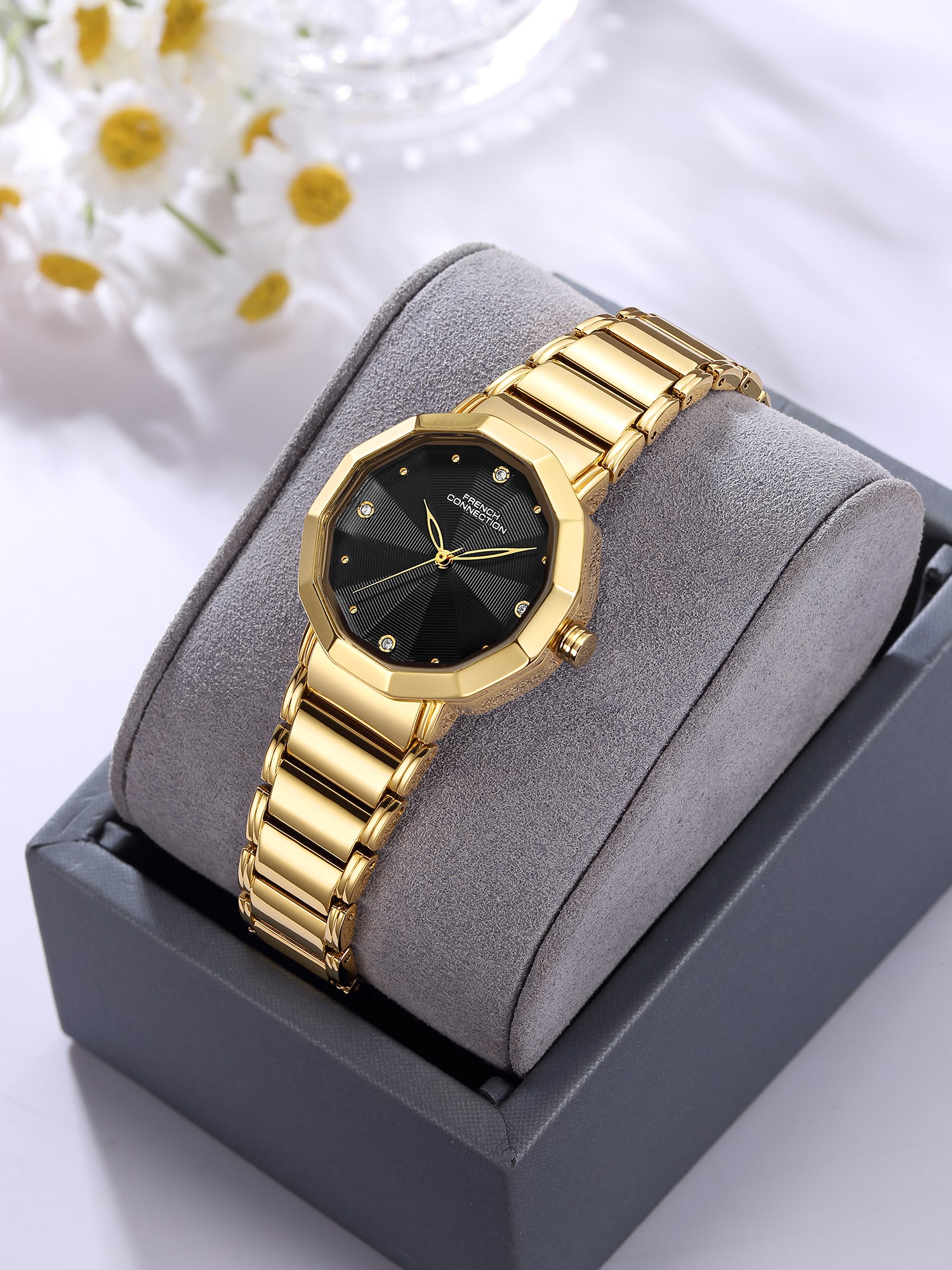 French Connection Aurette | Analog Display | Black  Dial | Gold Stainless Steel Strap | Watch for Women - FCU14BGM