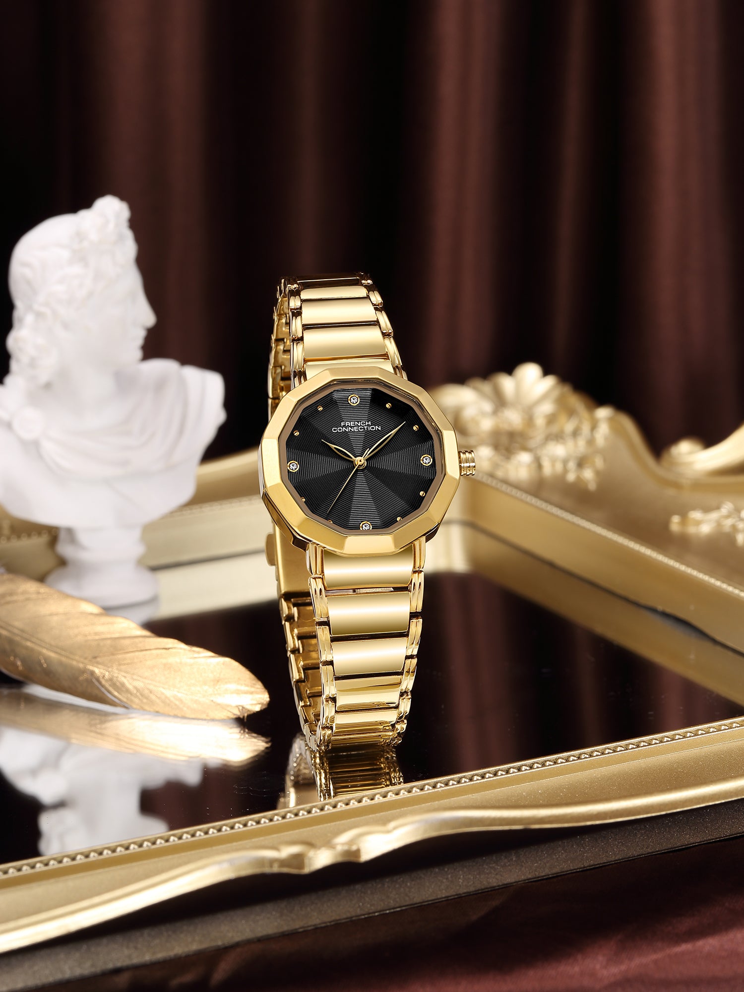French Connection Aurette | Analog Display | Black  Dial | Gold Stainless Steel Strap | Watch for Women - FCU14BGM