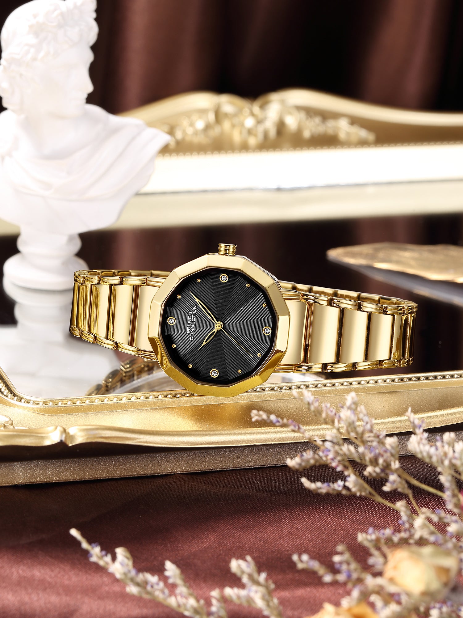 French Connection Aurette | Analog Display | Black  Dial | Gold Stainless Steel Strap | Watch for Women - FCU14BGM