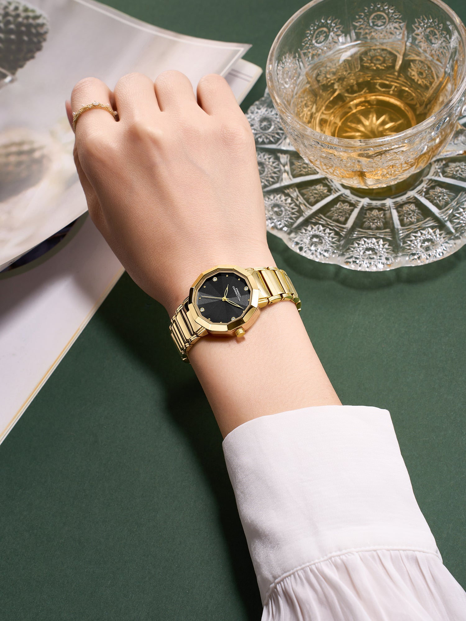 French Connection Aurette | Analog Display | Black  Dial | Gold Stainless Steel Strap | Watch for Women - FCU14BGM