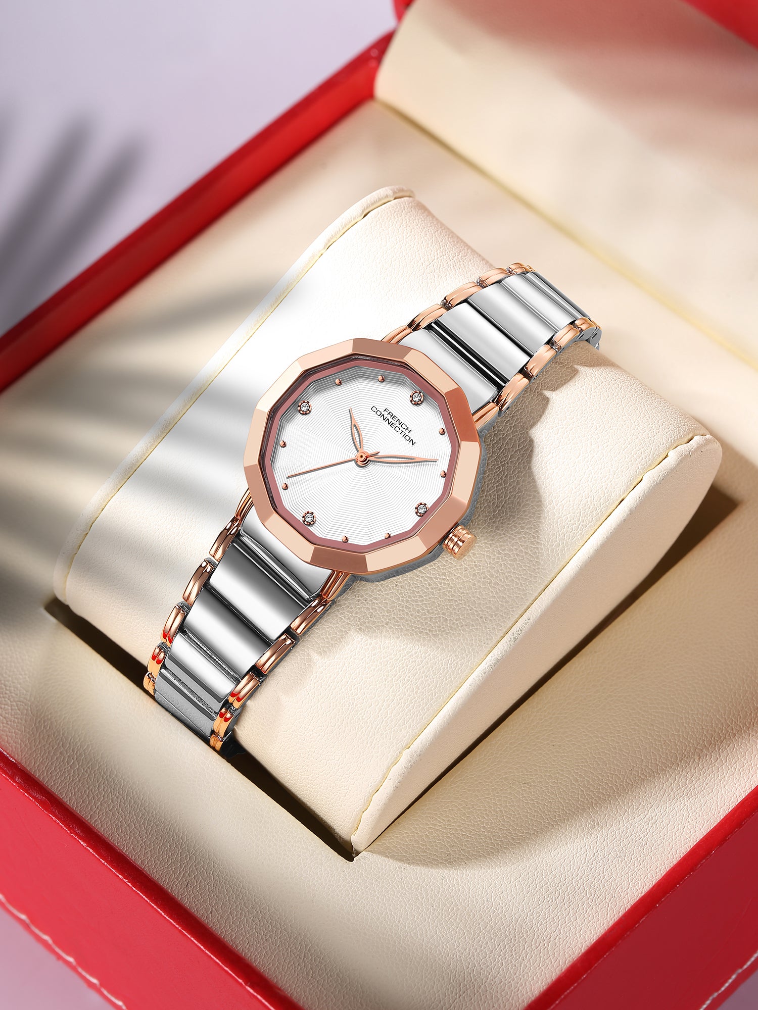 French Connection Aurette | Analog Display | Silver Dial | Rose Gold Stainless Steel Strap | Watch for Women - FCU14SRTM