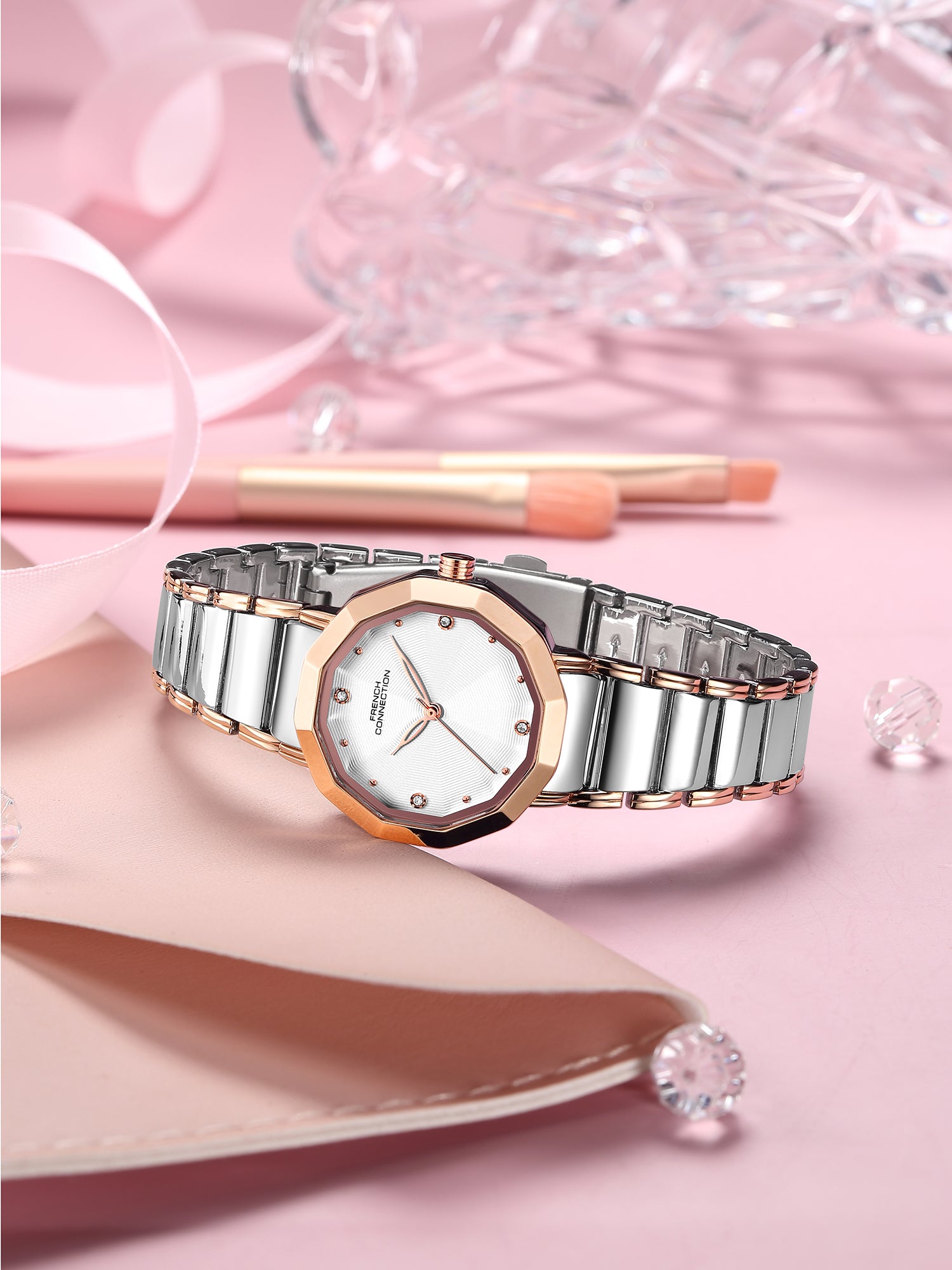 French Connection Aurette | Analog Display | Silver Dial | Rose Gold Stainless Steel Strap | Watch for Women - FCU14SRTM