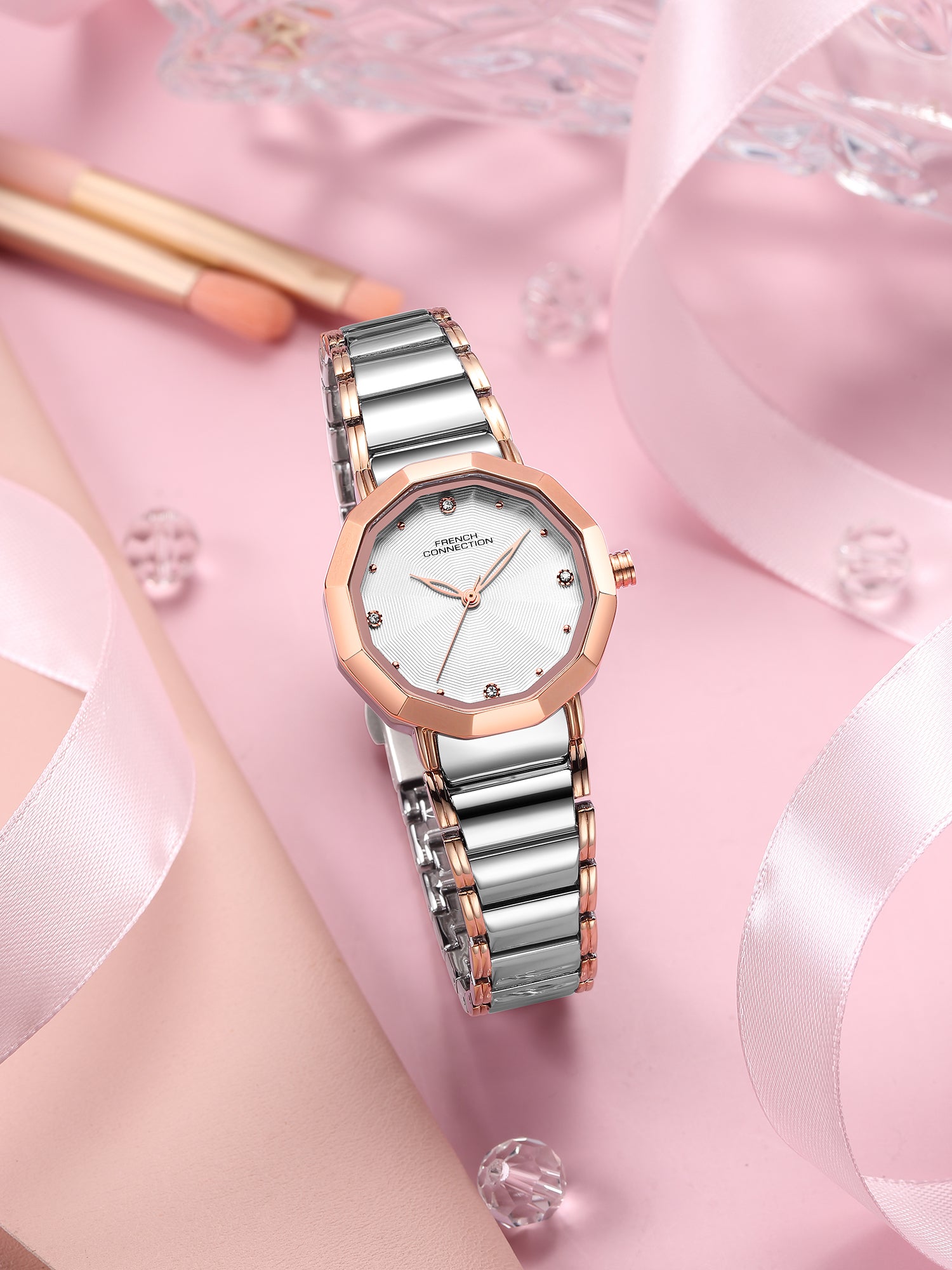 French Connection Aurette | Analog Display | Silver Dial | Rose Gold Stainless Steel Strap | Watch for Women - FCU14SRTM