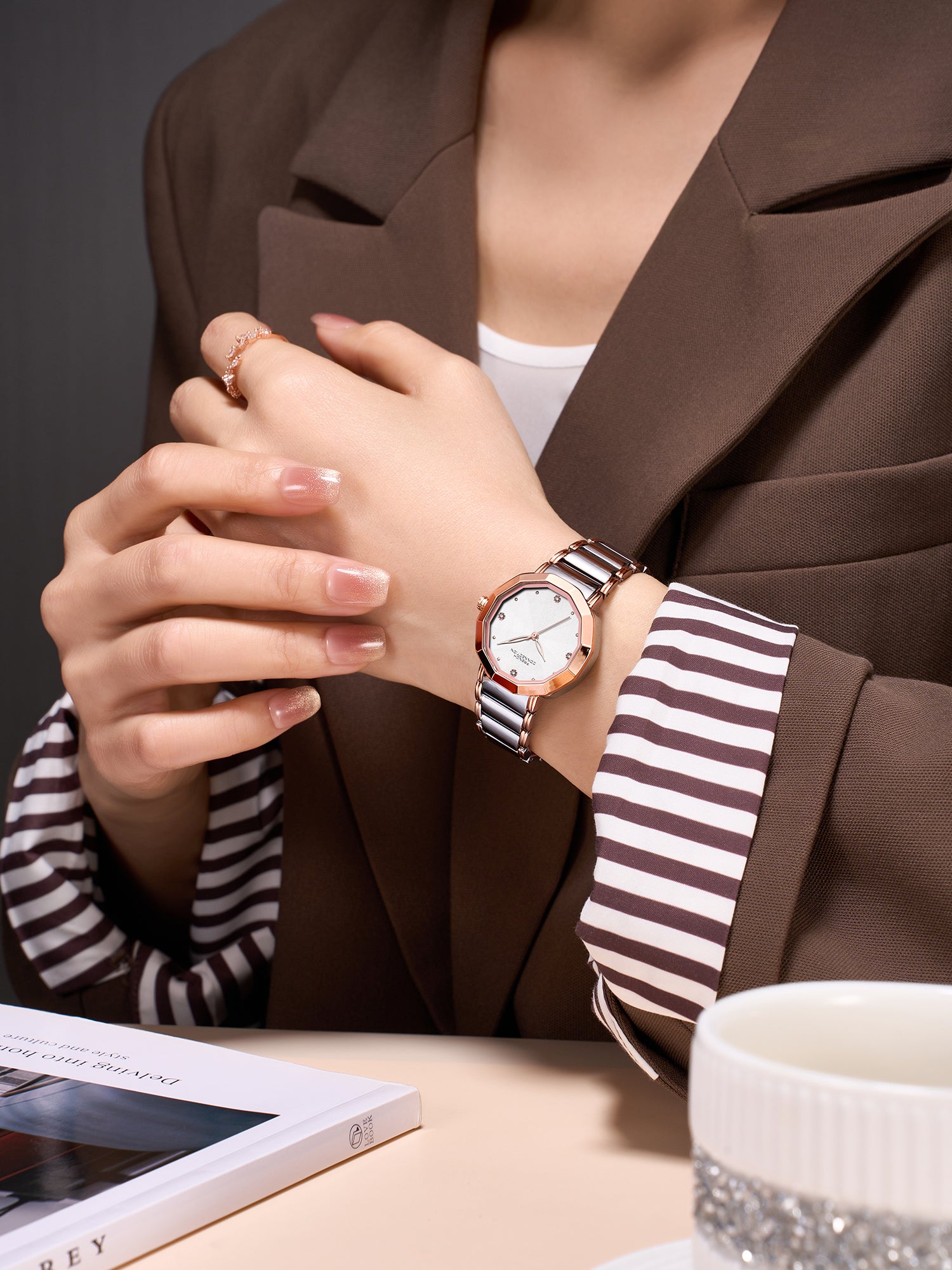 French Connection Aurette | Analog Display | Silver Dial | Rose Gold Stainless Steel Strap | Watch for Women - FCU14SRTM