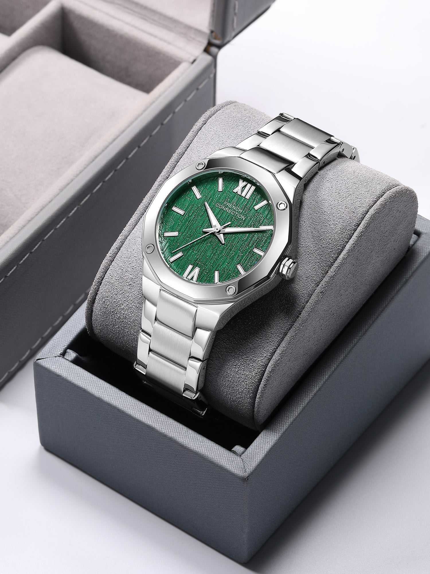 French Connection Roman Imperial | Analog Display | Green Dial | Silver Stainless Steel Strap | Watch for Men - FCU15NSM