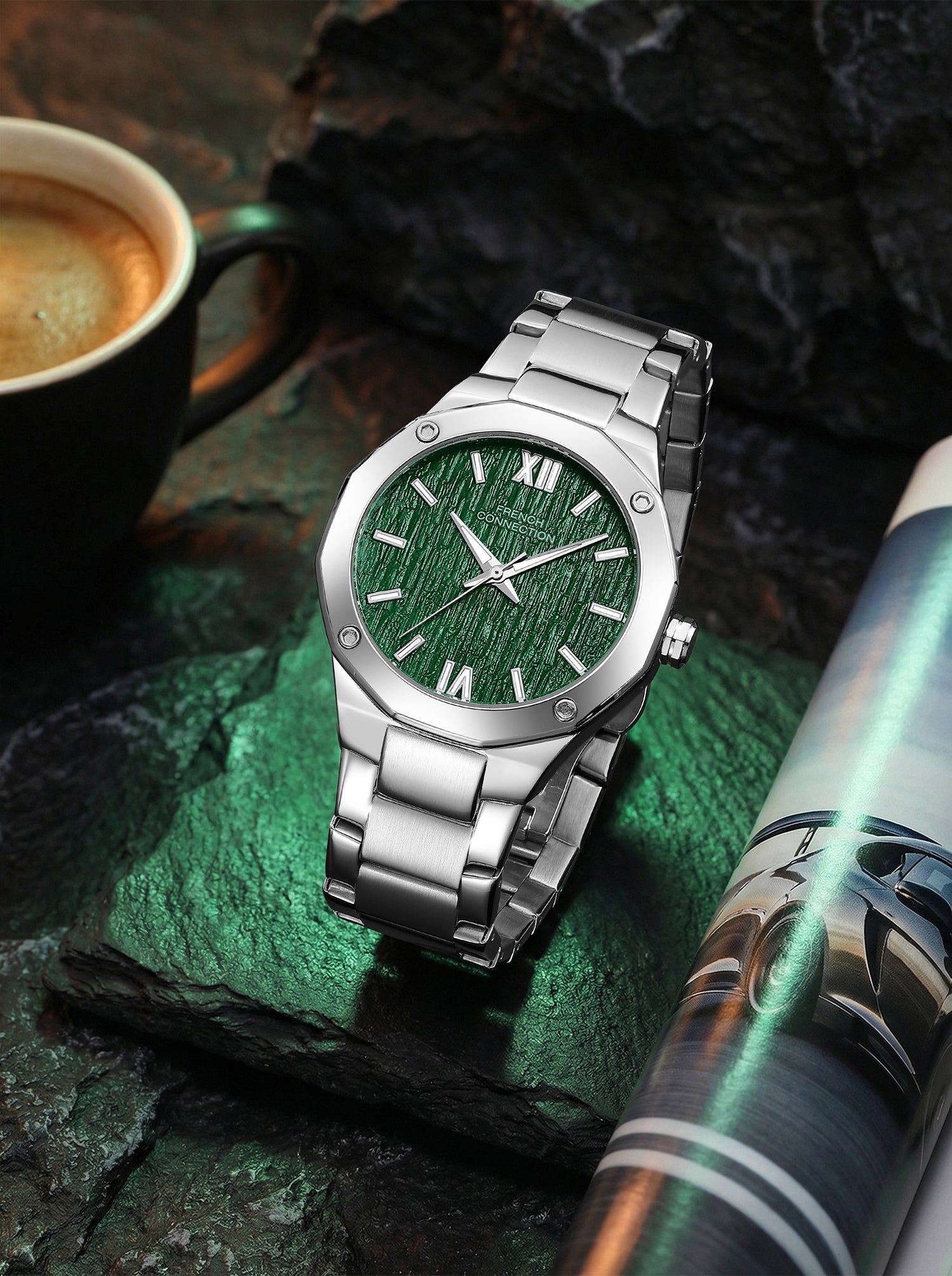 French Connection Roman Imperial | Analog Display | Green Dial | Silver Stainless Steel Strap | Watch for Men - FCU15NSM