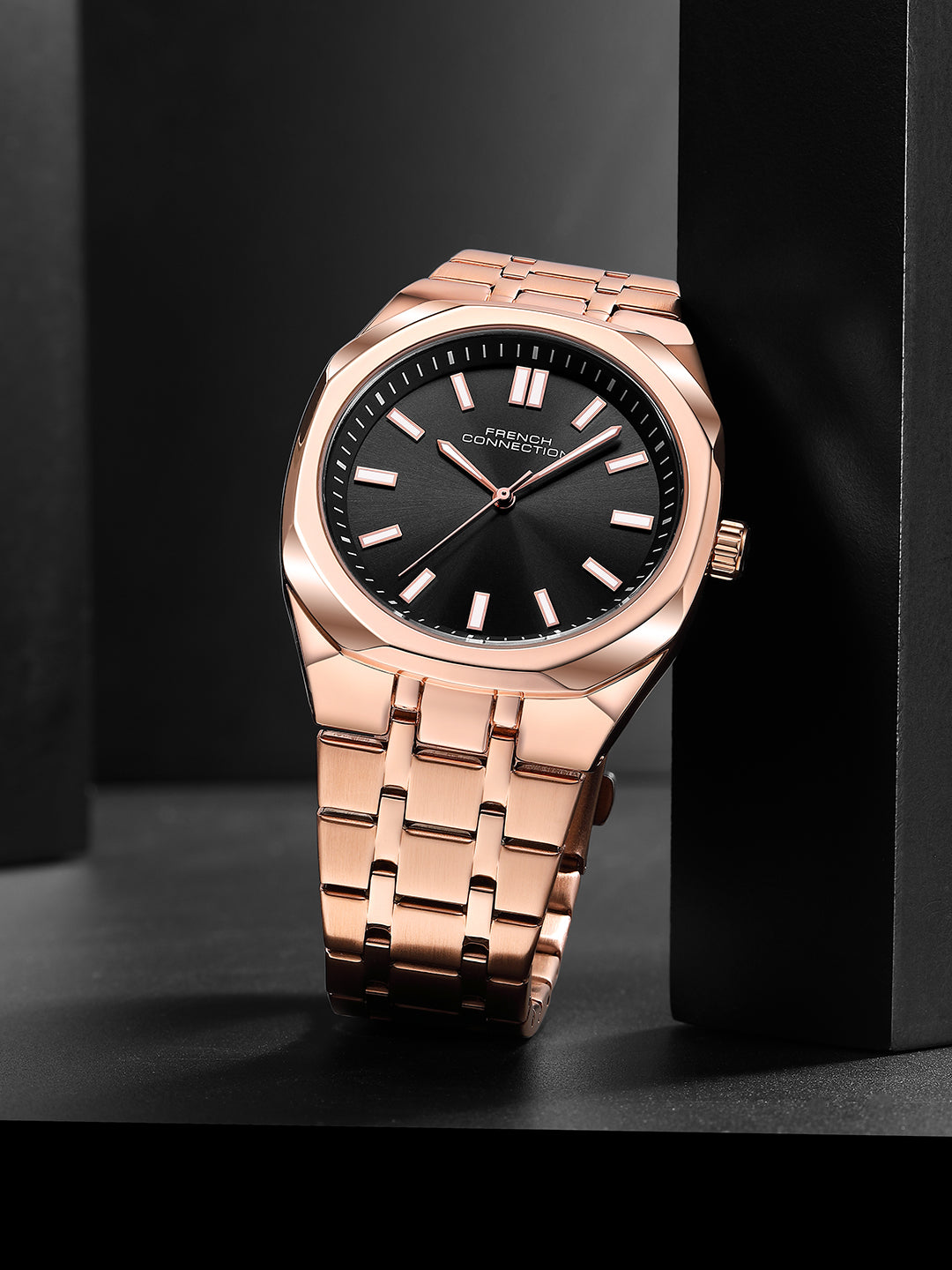French Connection Lumière | Analog Display | Black Dial | Rose Gold Stainless Steel Strap | Watch for Men - FCU16BRGM