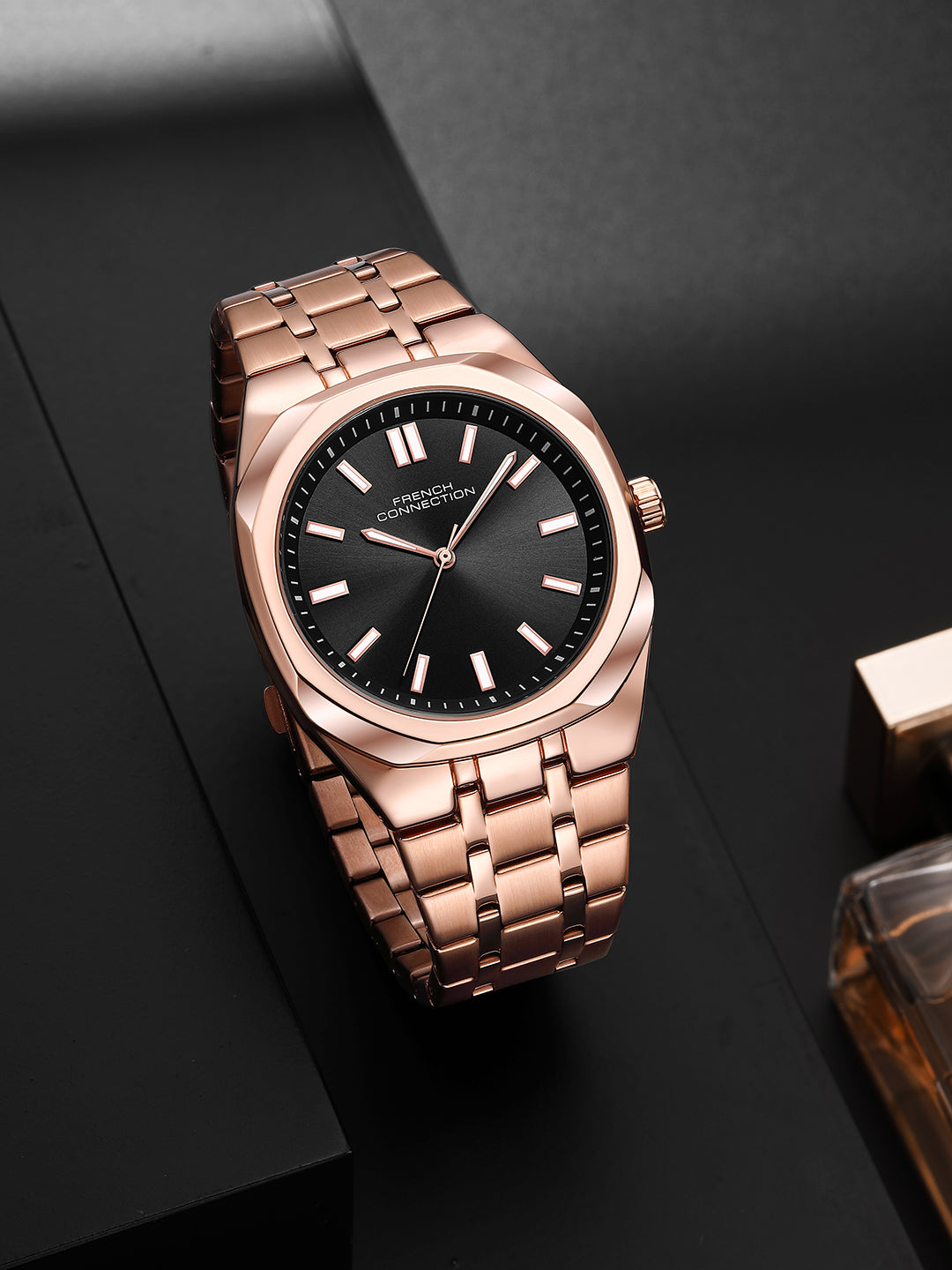 French Connection Lumière | Analog Display | Black Dial | Rose Gold Stainless Steel Strap | Watch for Men - FCU16BRGM