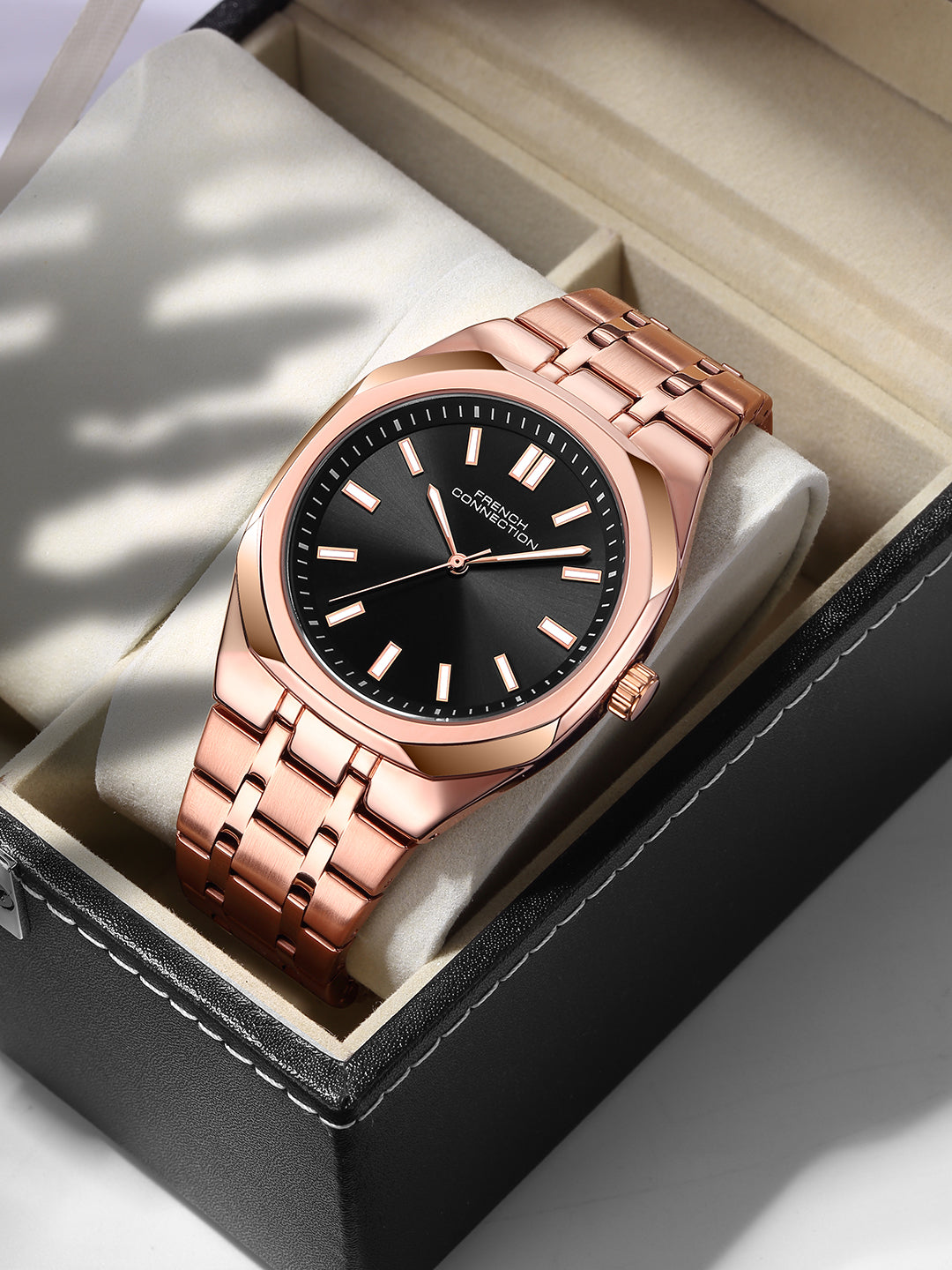 French Connection Lumière | Analog Display | Black Dial | Rose Gold Stainless Steel Strap | Watch for Men - FCU16BRGM