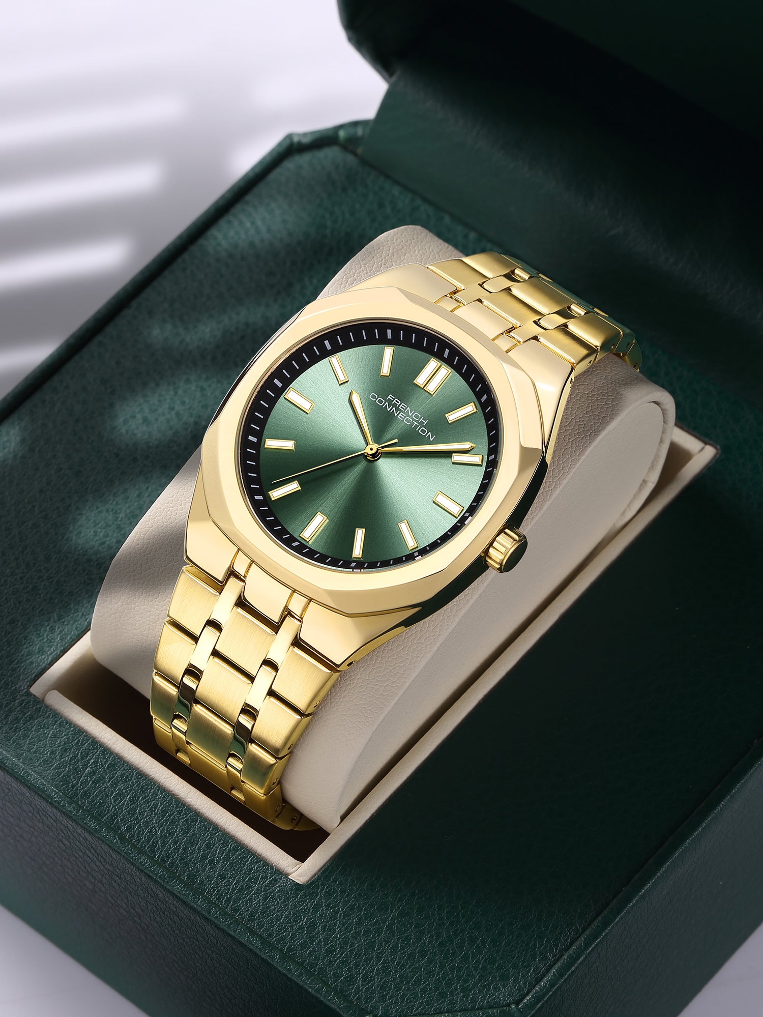 French Connection Lumière | Analog Display | Green Dial | Gold Stainless Steel Strap | Watch for Men - FCU16NGM