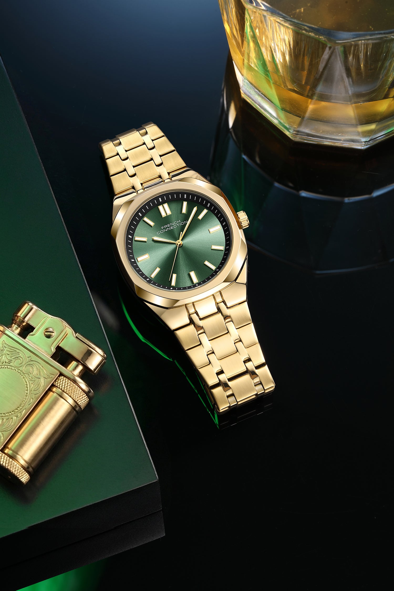 French Connection Lumière | Analog Display | Green Dial | Gold Stainless Steel Strap | Watch for Men - FCU16NGM