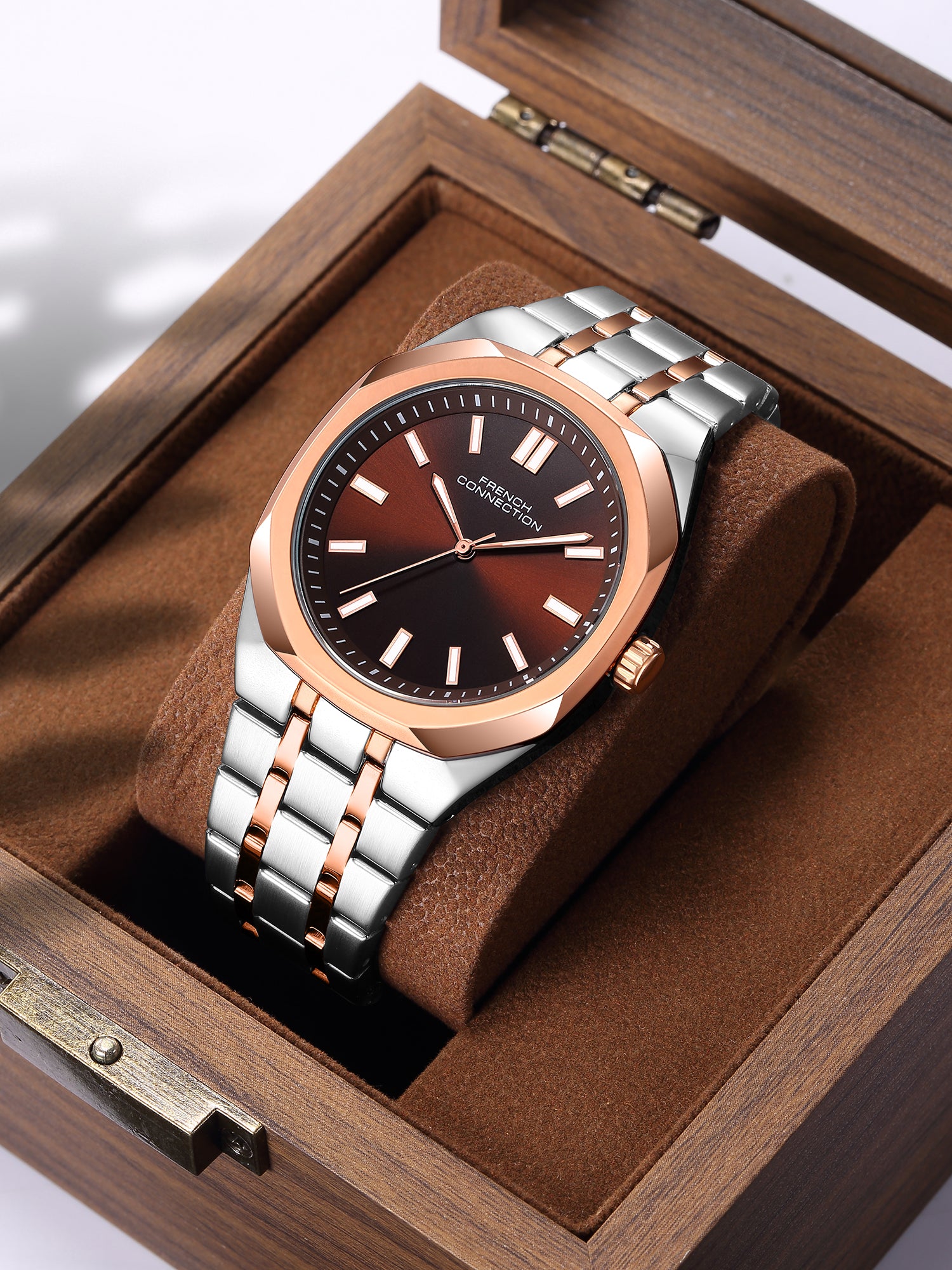 French Connection Lumière | Analog Display | Brown Dial | Silver Stainless Steel Strap | Watch for Men - FCU16RTM