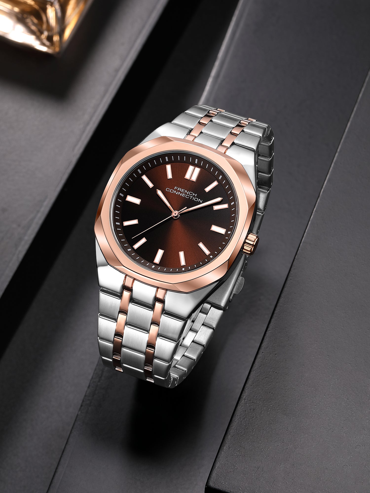 French Connection Lumière | Analog Display | Brown Dial | Silver Stainless Steel Strap | Watch for Men - FCU16RTM