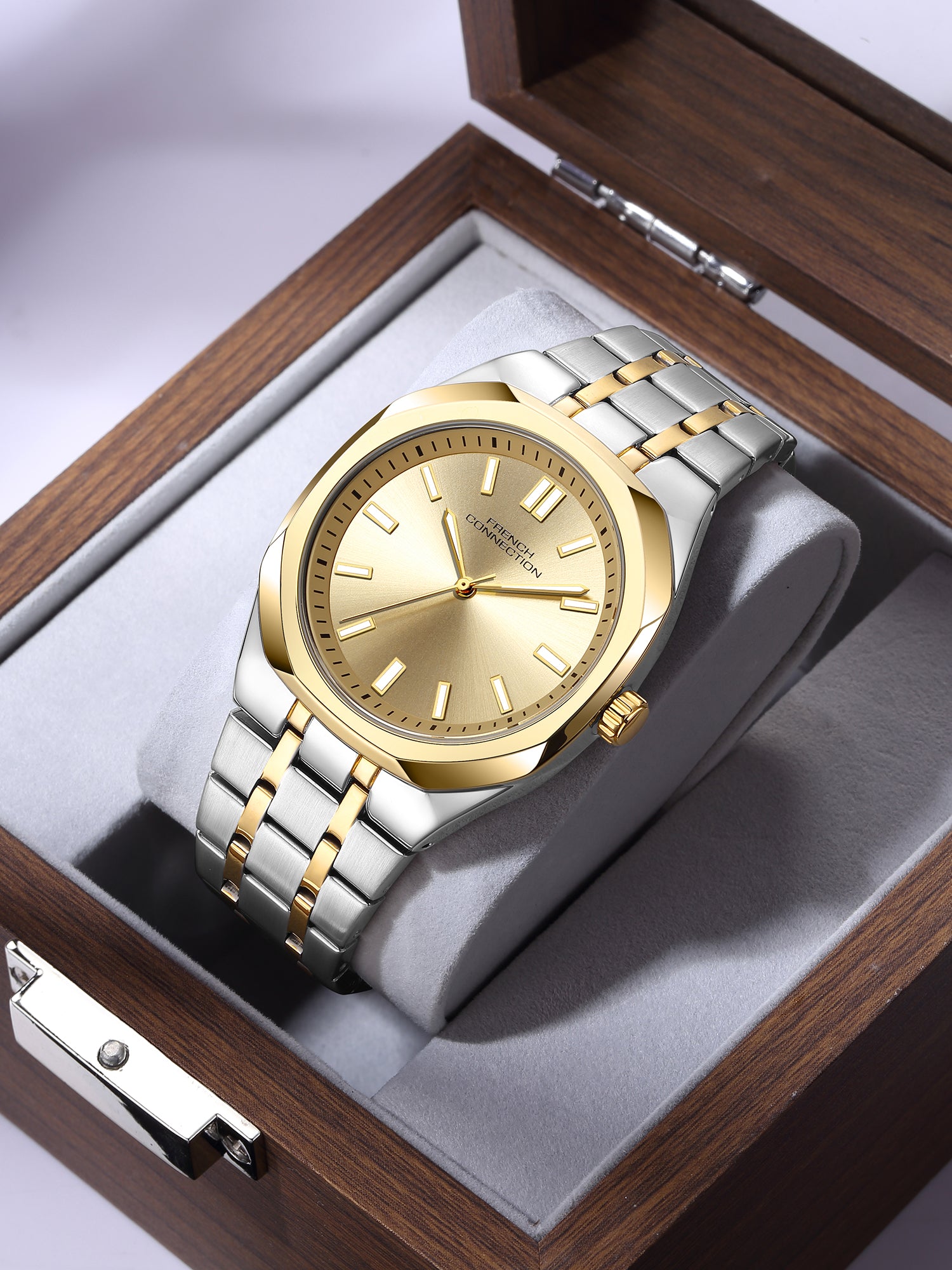 French Connection Lumière | Analog Display | Gold Dial | Silver Stainless Steel Strap | Watch for Men - FCU16TM
