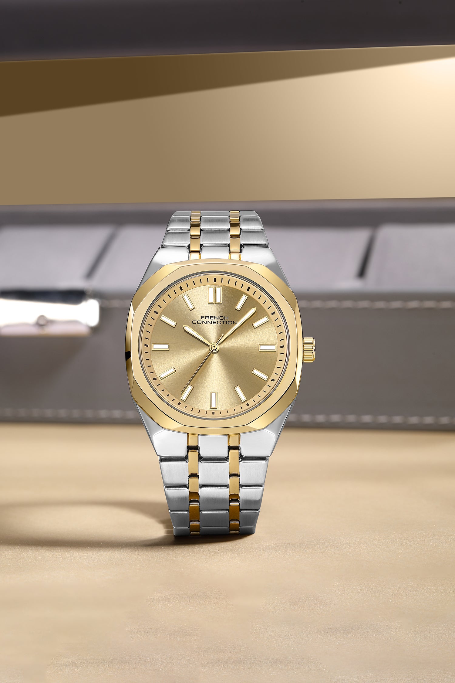 French Connection Lumière | Analog Display | Gold Dial | Silver Stainless Steel Strap | Watch for Men - FCU16TM