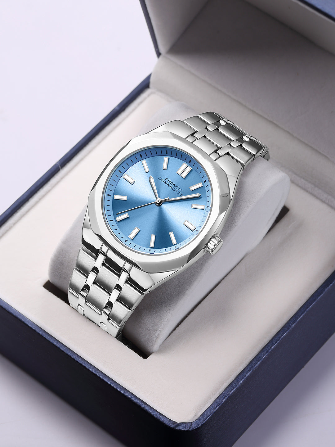 French Connection Lumière | Analog Display | Blue Dial | Silver Stainless Steel Strap | Watch for Men - FCU16USM