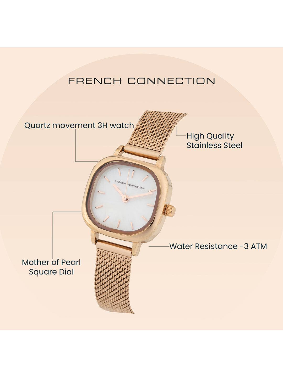 French Connection Oceanic Off-White Dial with Rose Gold Strap Womens Analog Watch | FCU2RGM