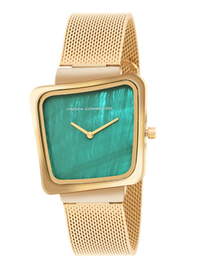 French Connection Mop Green Square Dial With  Gold Stainless Steel Strap Watch - For Womens FCU6NGM