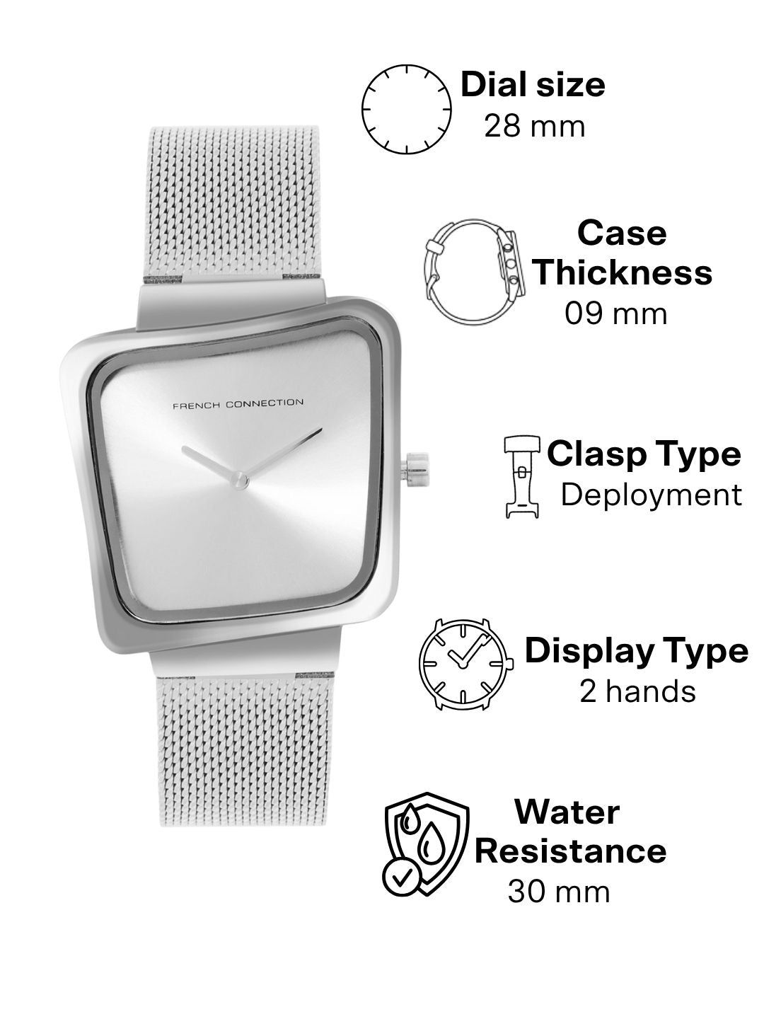 French Connection Sunray Silver Square Dial With Stainless Steel Strap Watch - For Womens FCU6SM