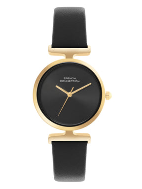 French Connection Sunray Black Round Dial With Black Leather Strap Watch - For Womens FCU7BL