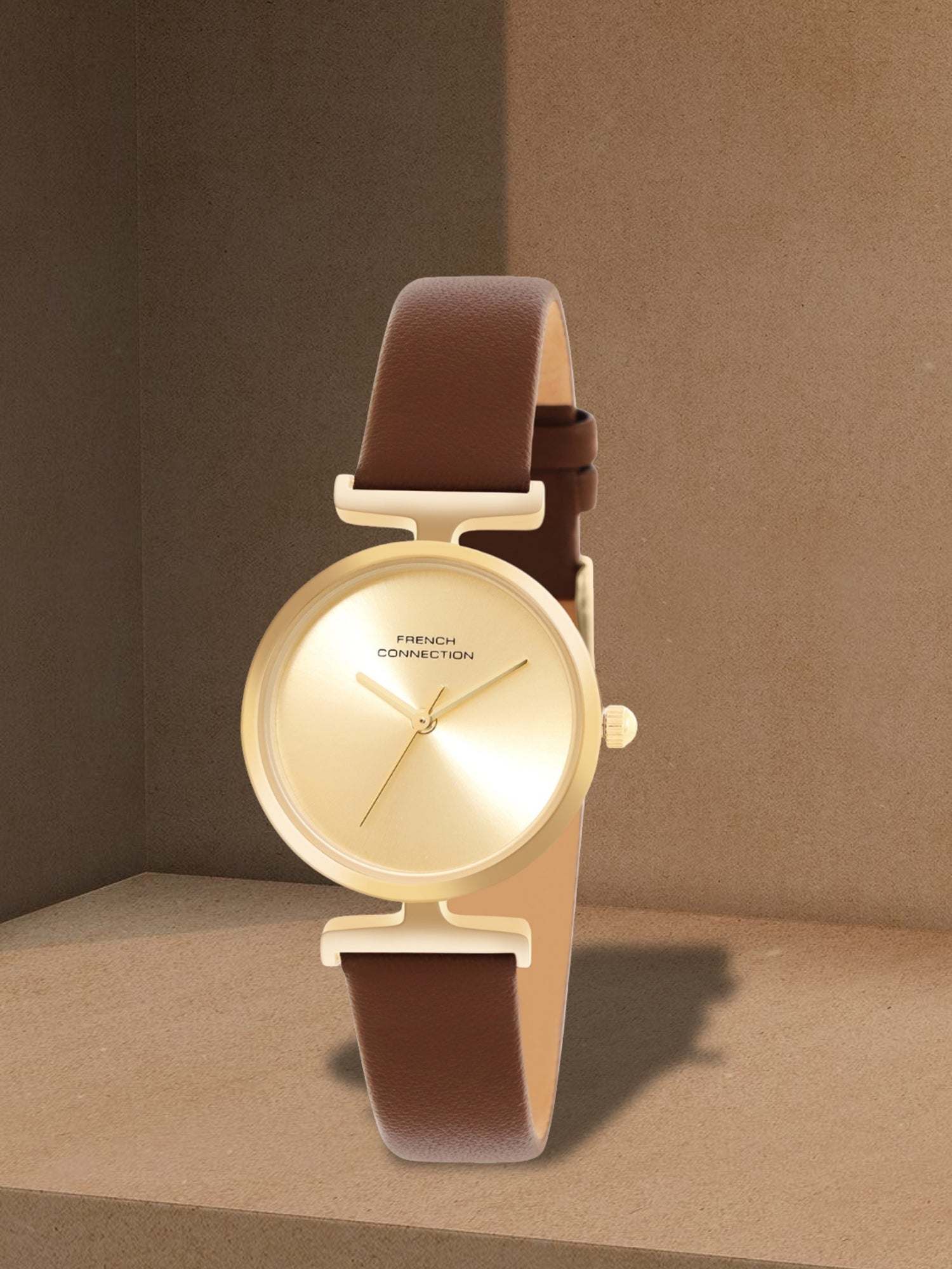 French Connection Sunray Champagne Round Dial With Dark Brown Leather Strap Watch - For Womens FCU7BRL
