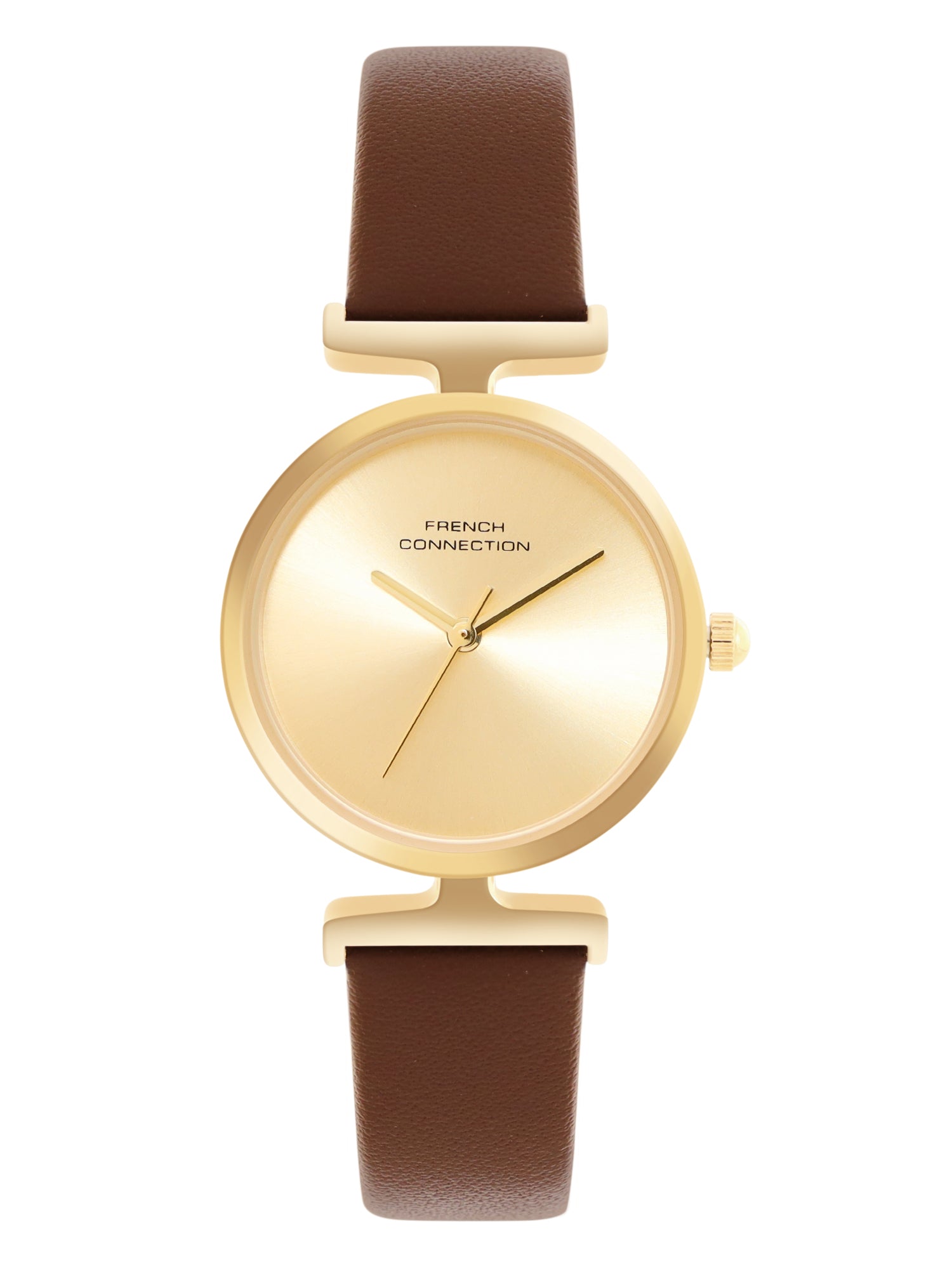French Connection Sunray Champagne Round Dial With Dark Brown Leather Strap Watch - For Womens FCU7BRL