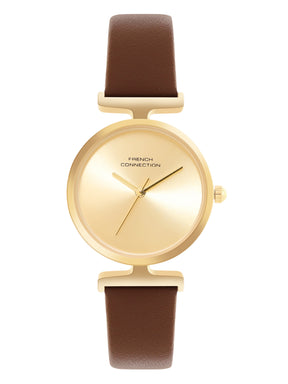 French Connection Sunray Champagne Round Dial With Dark Brown Leather Strap Watch - For Womens FCU7BRL