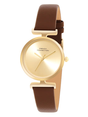 French Connection Sunray Champagne Round Dial With Dark Brown Leather Strap Watch - For Womens FCU7BRL