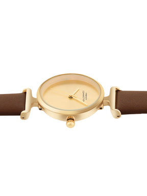 French Connection Sunray Champagne Round Dial With Dark Brown Leather Strap Watch - For Womens FCU7BRL