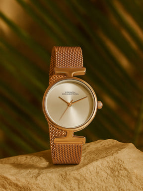 French Connection Sunray Silver Round Dial With Rose Stainless Steel  Strap Watch - For Womens FCU7RGM