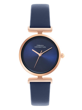 French Connection Sunray Blue Round Dial With Blue Leather Strap Watch - For Womens FCU7UL