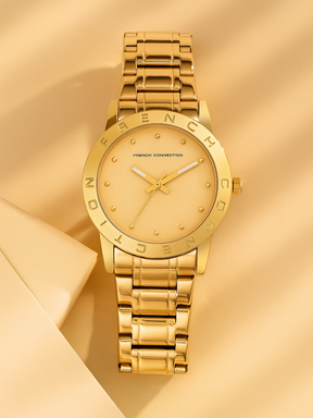 French Connection Mop Champagne Round Dial With  Gold Stainless Steel Strap Watch - For Womens FCU8GM