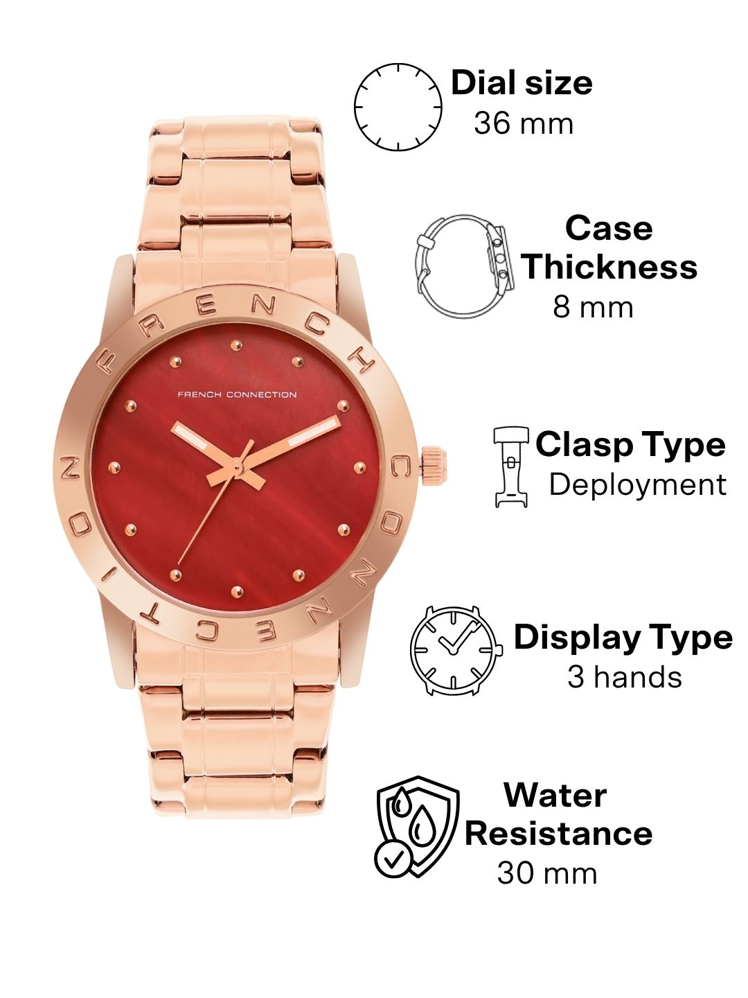 French Connection Mop Pink Round Dial With Rose Stainless Steel Strap Watch - For Womens FCU8RGM